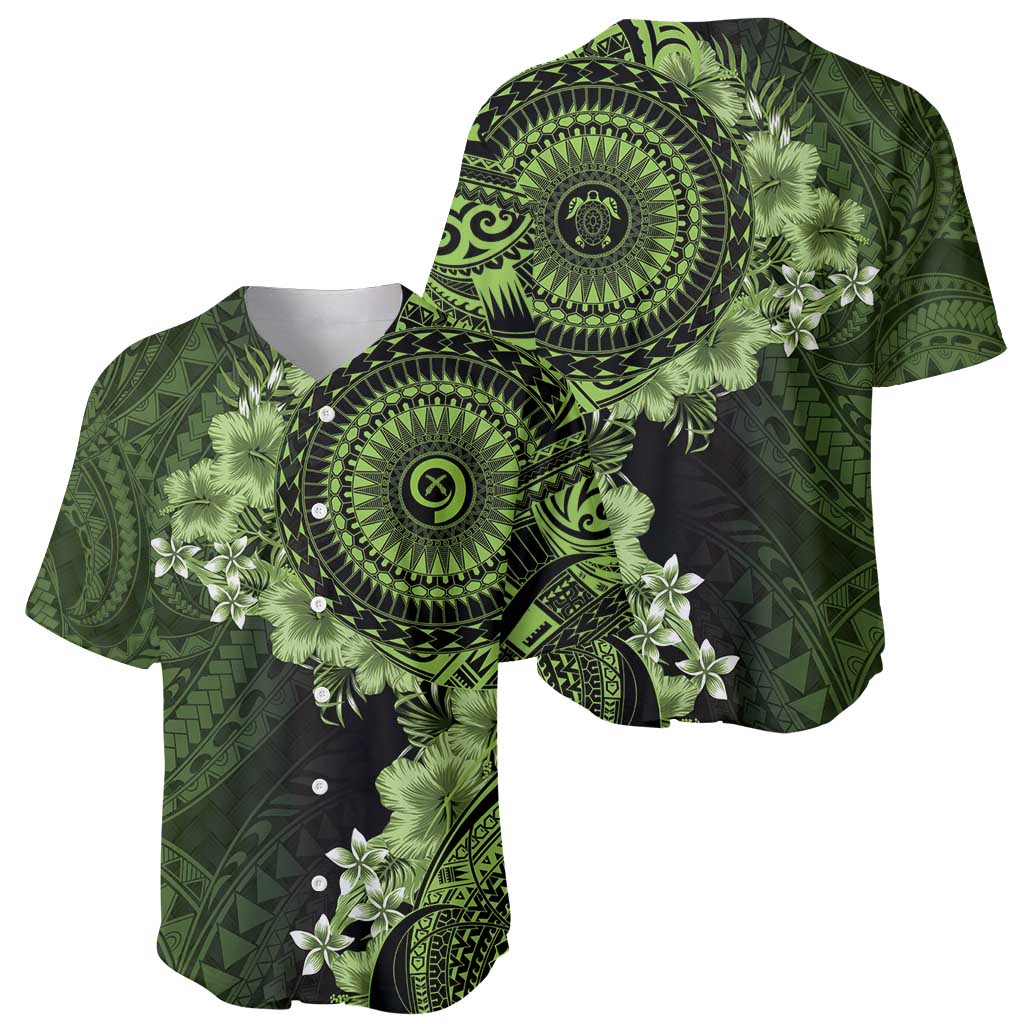 Vanuatu Baseball Jersey Hibisus Polynesian Pattern Green - Polynesian Pride