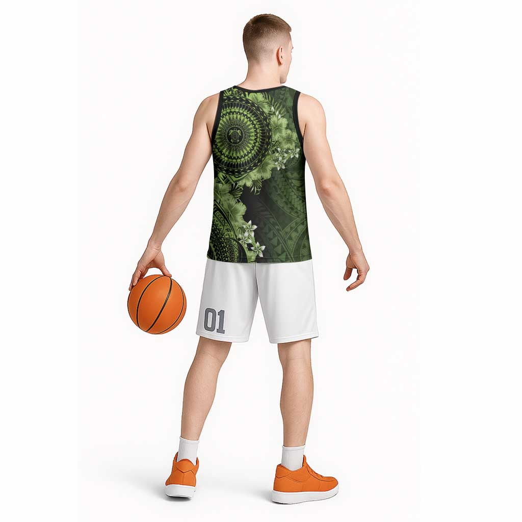 Vanuatu Basketball Jersey Hibisus Polynesian Pattern Green - Polynesian Pride
