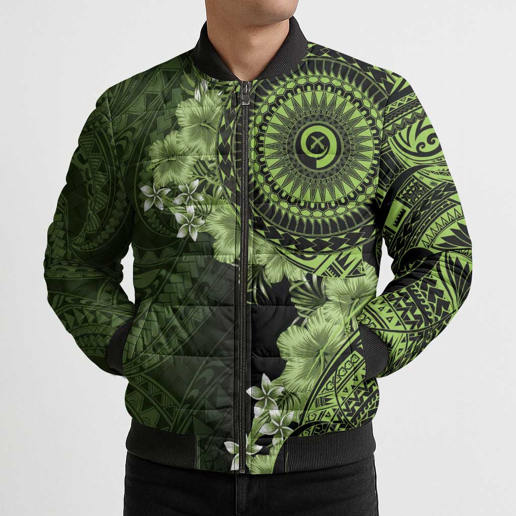 Vanuatu Bomber Puffer Jacket Hibisus Polynesian Pattern Green - Polynesian Pride