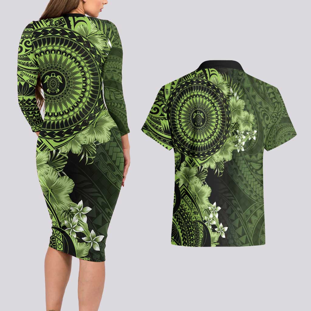 Vanuatu Couples Matching Long Sleeve Bodycon Dress and Hawaiian Shirt Hibisus Polynesian Pattern Green - Polynesian Pride