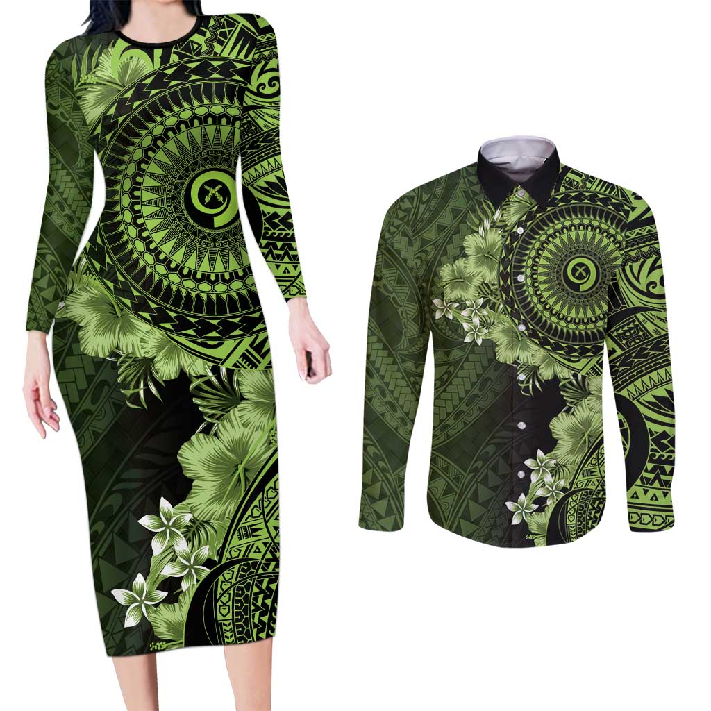 Vanuatu Couples Matching Long Sleeve Bodycon Dress and Long Sleeve Button Shirt Hibisus Polynesian Pattern Green - Polynesian Pride