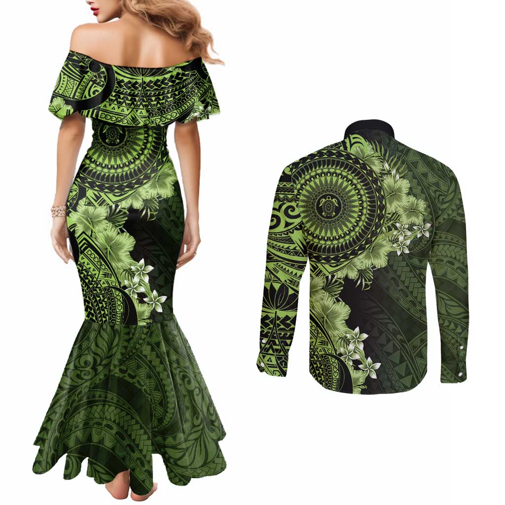 Vanuatu Couples Matching Mermaid Dress and Long Sleeve Button Shirt Hibisus Polynesian Pattern Green - Polynesian Pride
