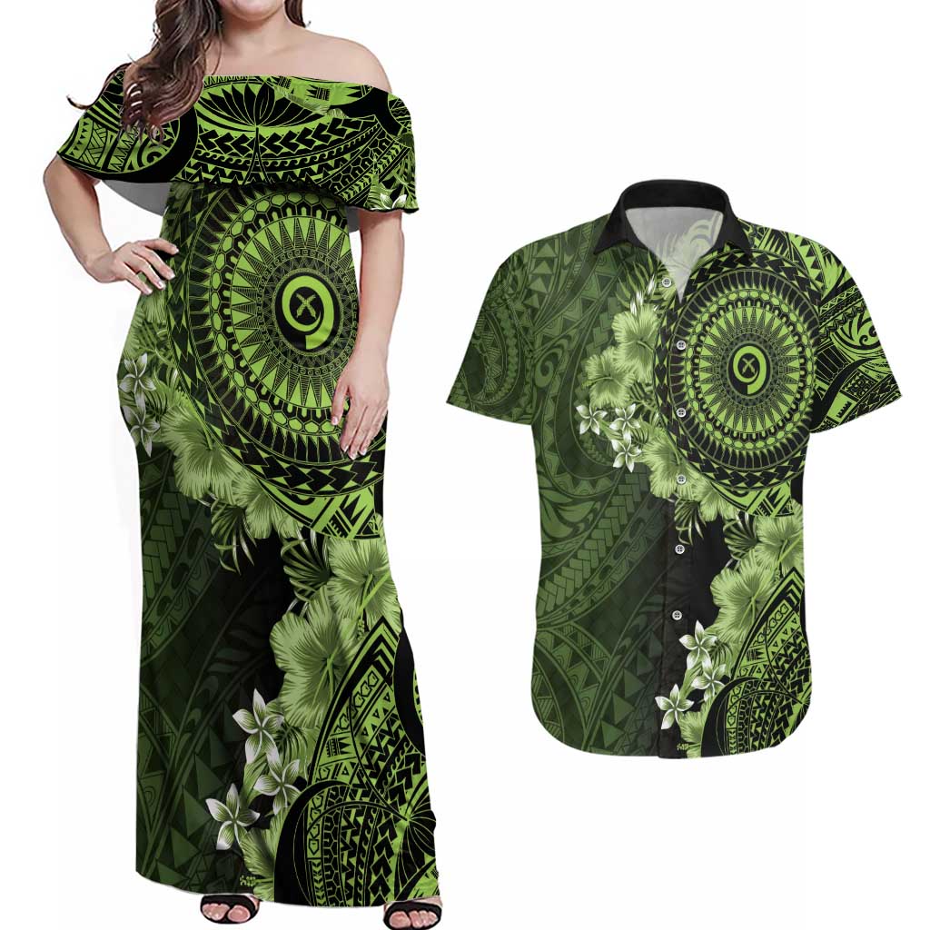 Vanuatu Couples Matching Off Shoulder Maxi Dress and Hawaiian Shirt Hibisus Polynesian Pattern Green - Polynesian Pride