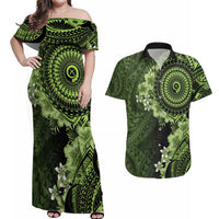 Vanuatu Couples Matching Off Shoulder Maxi Dress and Hawaiian Shirt Hibisus Polynesian Pattern Green - Polynesian Pride