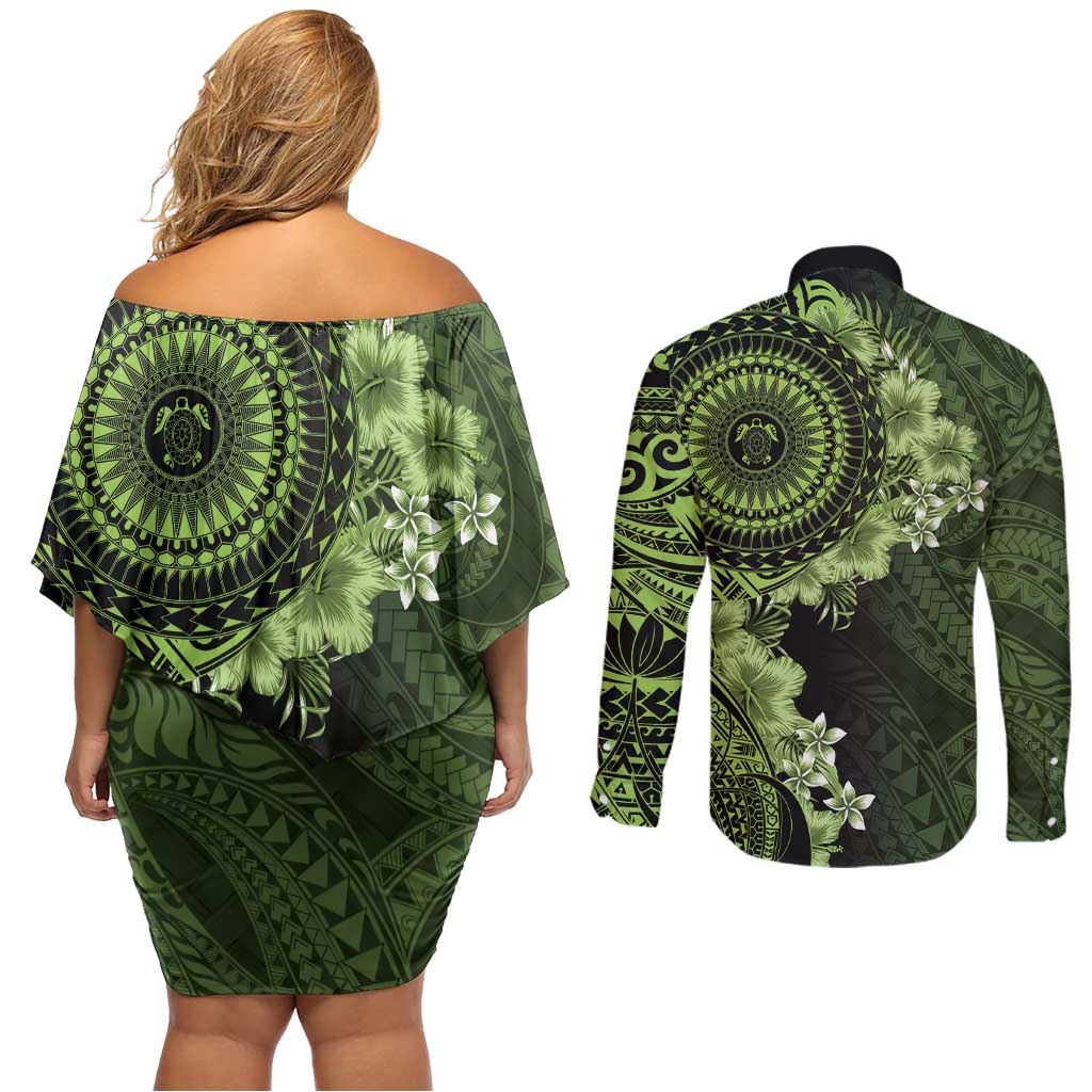 Vanuatu Couples Matching Off Shoulder Short Dress and Long Sleeve Button Shirt Hibisus Polynesian Pattern Green - Polynesian Pride