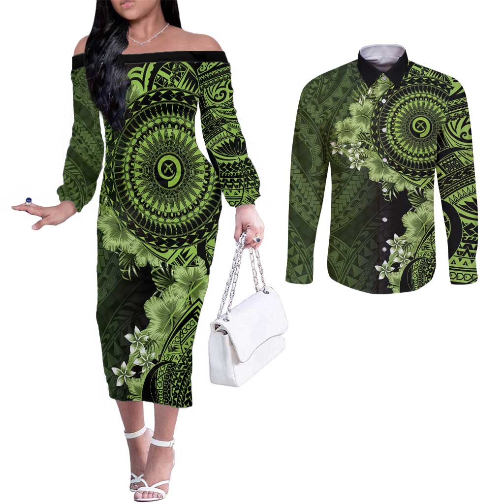 Vanuatu Couples Matching Off The Shoulder Long Sleeve Dress and Long Sleeve Button Shirt Hibisus Polynesian Pattern Green - Polynesian Pride