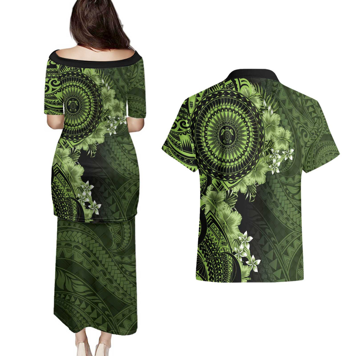Vanuatu Couples Matching Puletasi and Hawaiian Shirt Hibisus Polynesian Pattern Green - Polynesian Pride