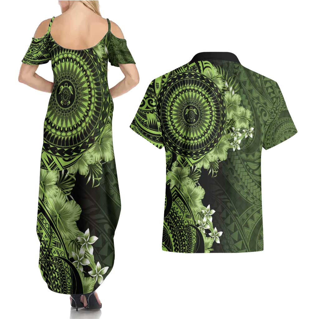 Vanuatu Couples Matching Summer Maxi Dress and Hawaiian Shirt Hibisus Polynesian Pattern Green - Polynesian Pride