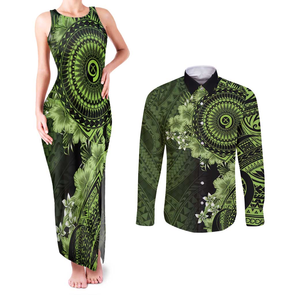 Vanuatu Couples Matching Tank Maxi Dress and Long Sleeve Button Shirt Hibisus Polynesian Pattern Green - Polynesian Pride