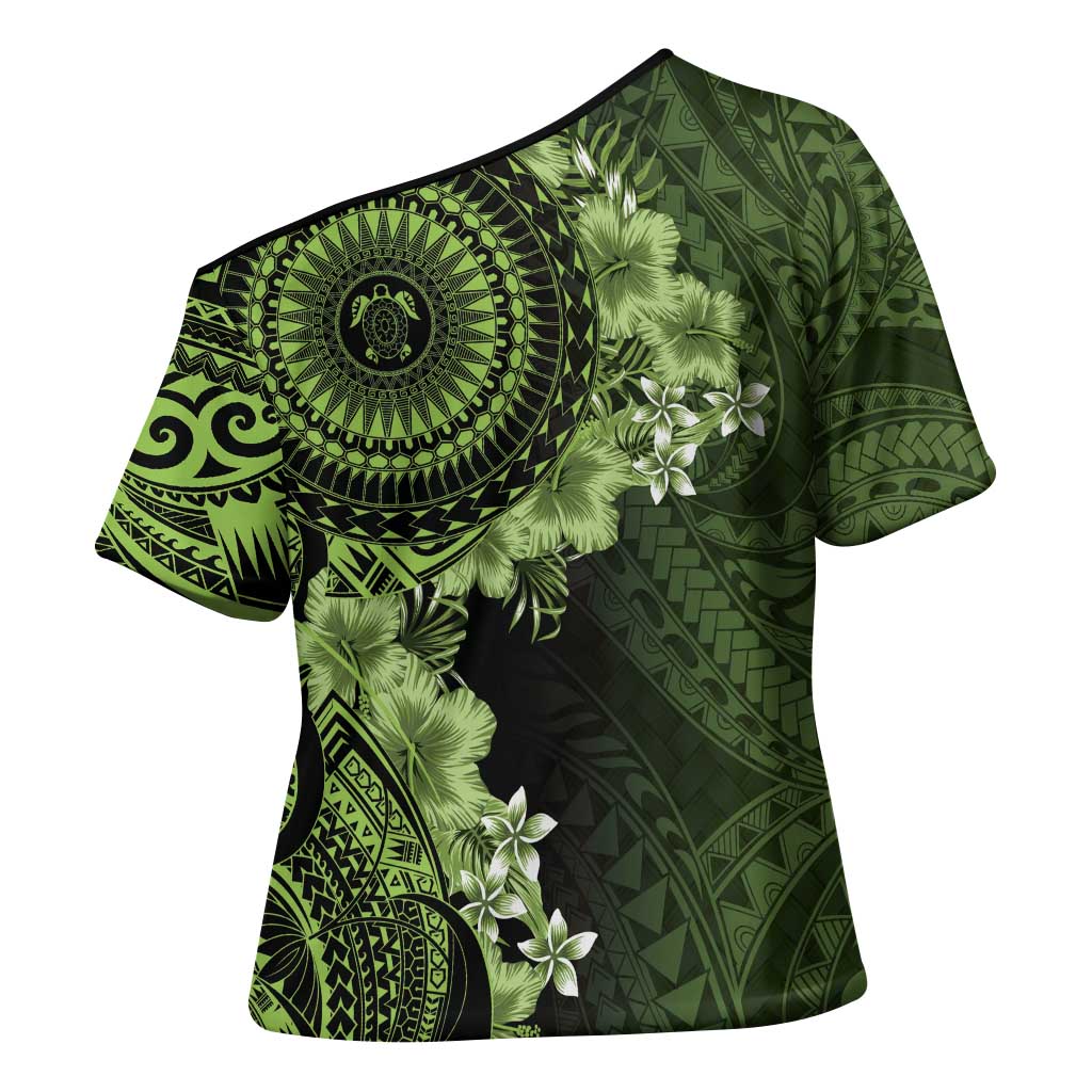 Vanuatu Cross Shoulder Shirt Hibisus Polynesian Pattern Green - Polynesian Pride
