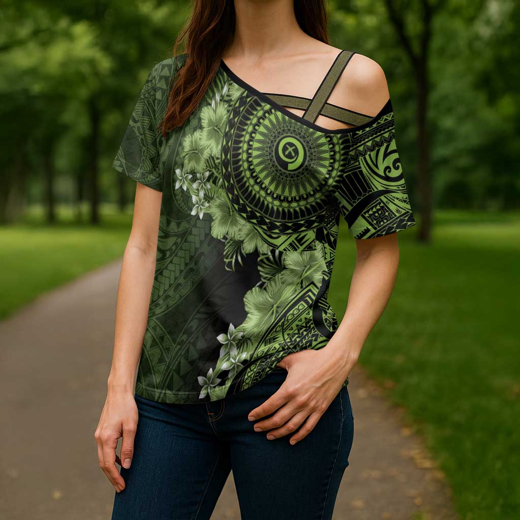 Vanuatu Cross Shoulder Shirt Hibisus Polynesian Pattern Green - Polynesian Pride