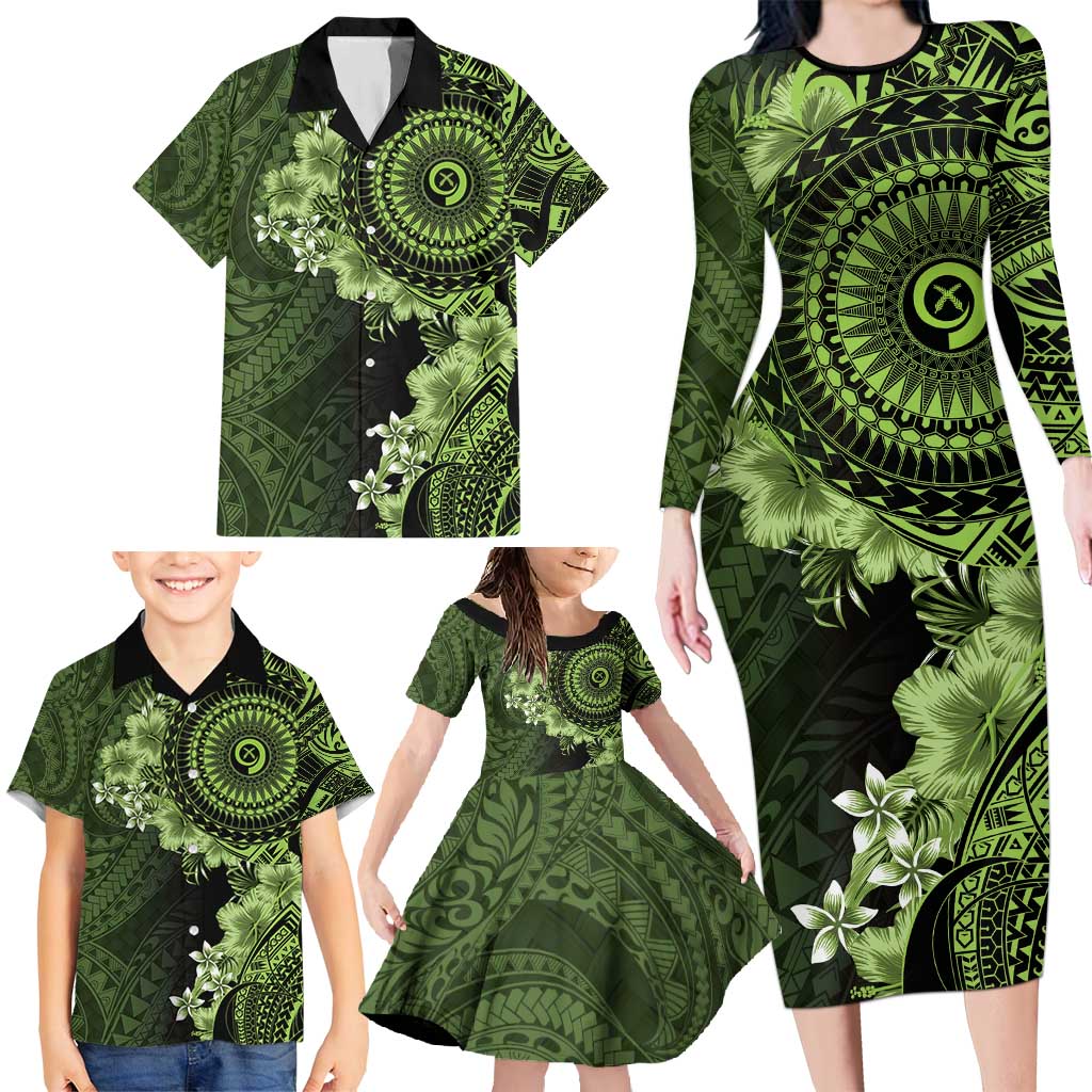 Vanuatu Family Matching Long Sleeve Bodycon Dress and Hawaiian Shirt Hibisus Polynesian Pattern Green - Polynesian Pride