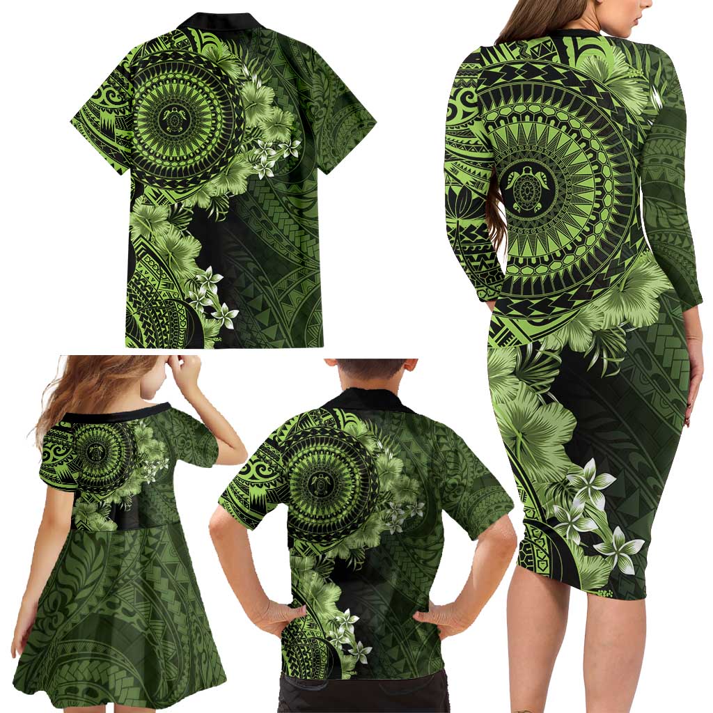 Vanuatu Family Matching Long Sleeve Bodycon Dress and Hawaiian Shirt Hibisus Polynesian Pattern Green - Polynesian Pride