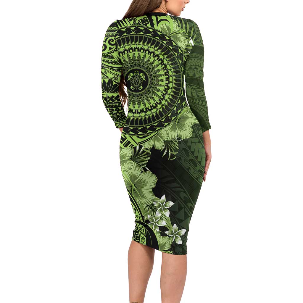 Vanuatu Family Matching Long Sleeve Bodycon Dress and Hawaiian Shirt Hibisus Polynesian Pattern Green - Polynesian Pride