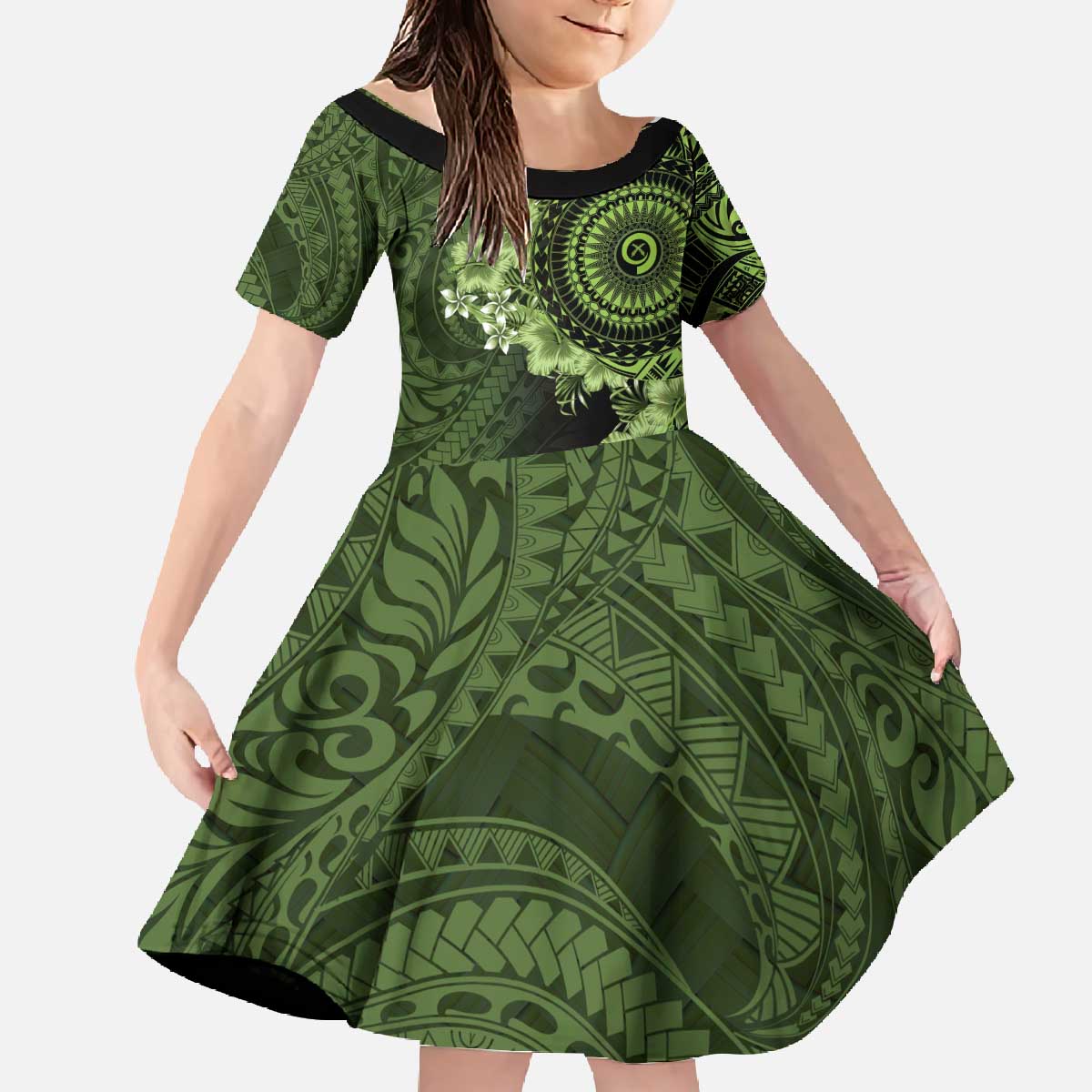 Vanuatu Family Matching Off The Shoulder Long Sleeve Dress and Hawaiian Shirt Hibisus Polynesian Pattern Green - Polynesian Pride