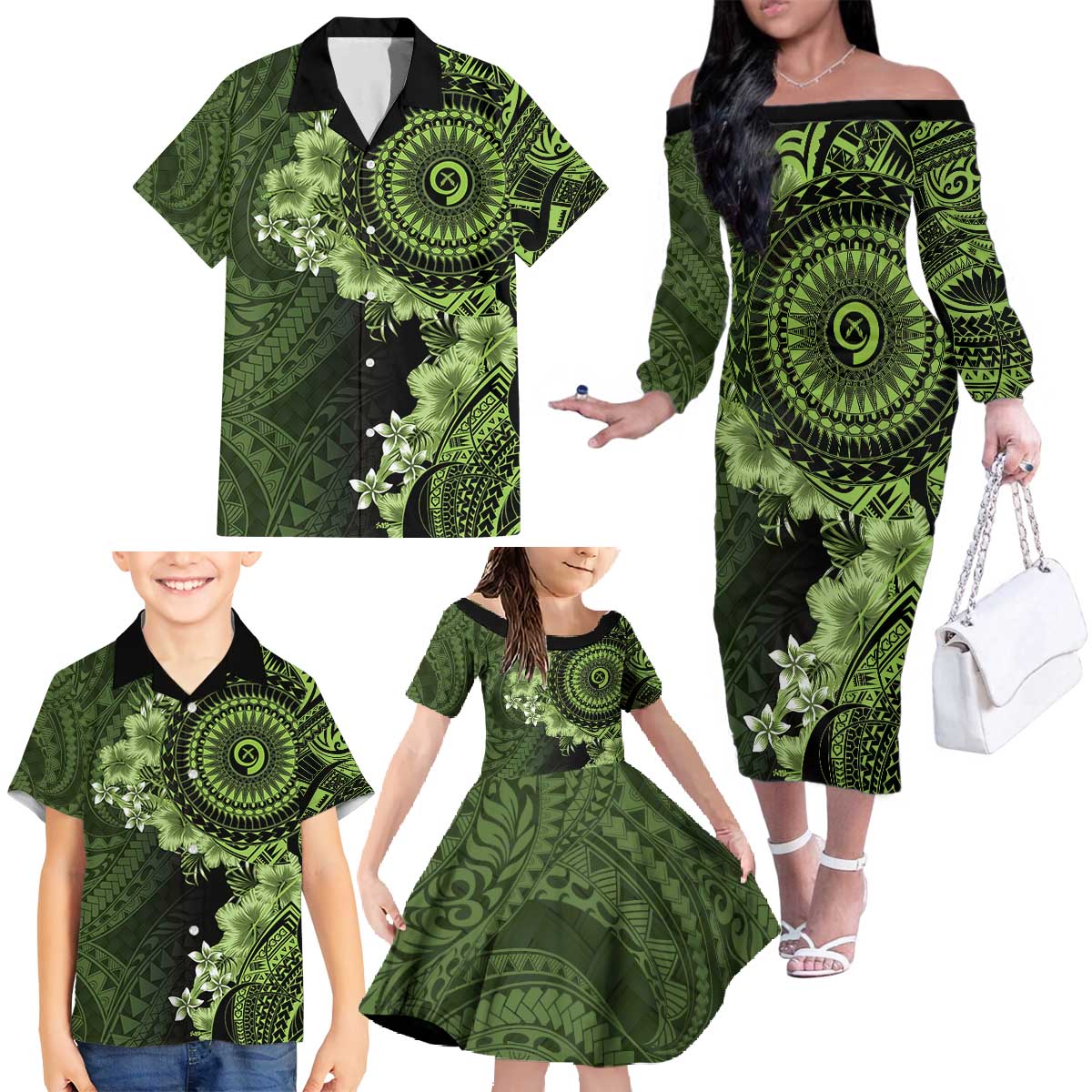 Vanuatu Family Matching Off The Shoulder Long Sleeve Dress and Hawaiian Shirt Hibisus Polynesian Pattern Green - Polynesian Pride