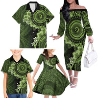 Vanuatu Family Matching Off The Shoulder Long Sleeve Dress and Hawaiian Shirt Hibisus Polynesian Pattern Green - Polynesian Pride