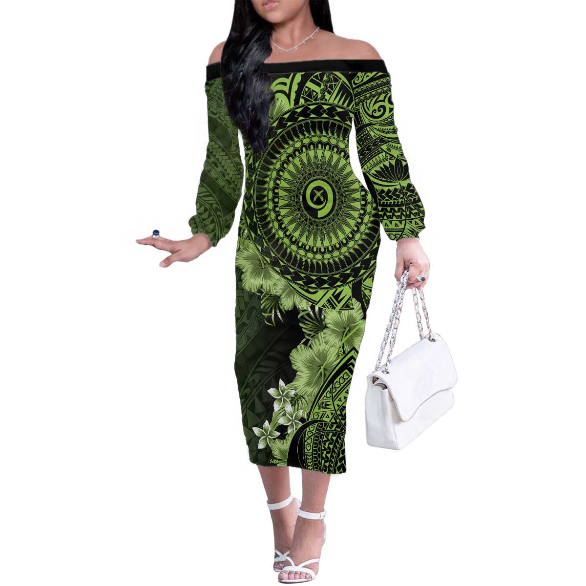 Vanuatu Family Matching Off The Shoulder Long Sleeve Dress and Hawaiian Shirt Hibisus Polynesian Pattern Green - Polynesian Pride