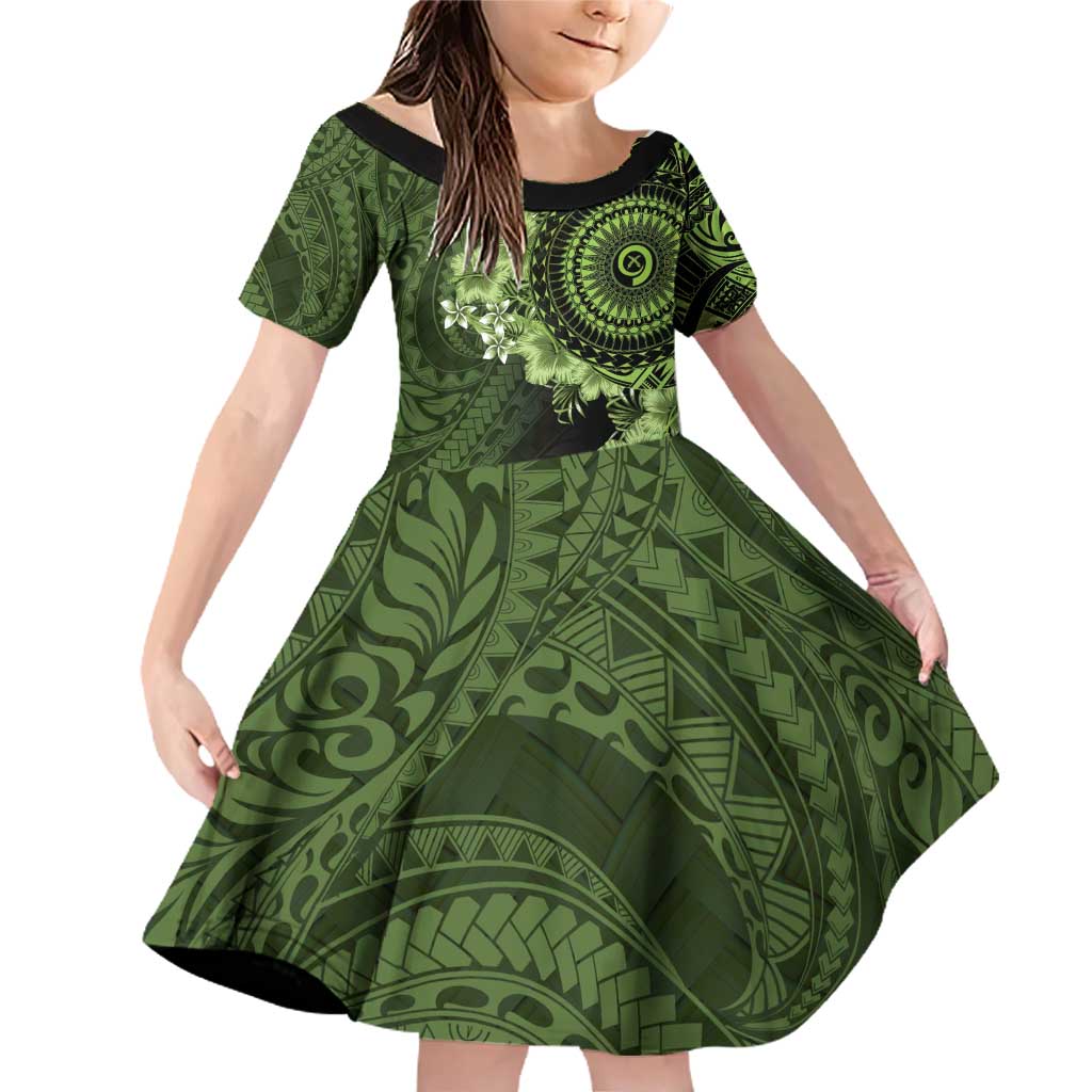 Vanuatu Family Matching Off Shoulder Short Dress and Hawaiian Shirt Hibisus Polynesian Pattern Green - Polynesian Pride