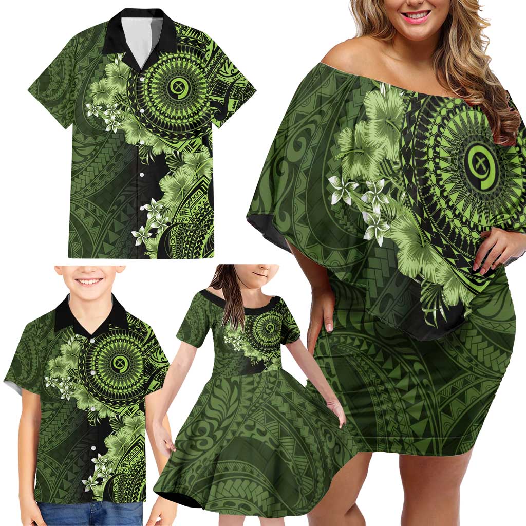 Vanuatu Family Matching Off Shoulder Short Dress and Hawaiian Shirt Hibisus Polynesian Pattern Green - Polynesian Pride