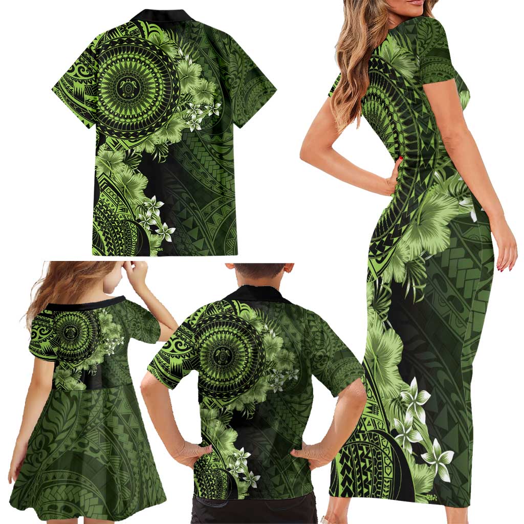 Vanuatu Family Matching Short Sleeve Bodycon Dress and Hawaiian Shirt Hibisus Polynesian Pattern Green - Polynesian Pride