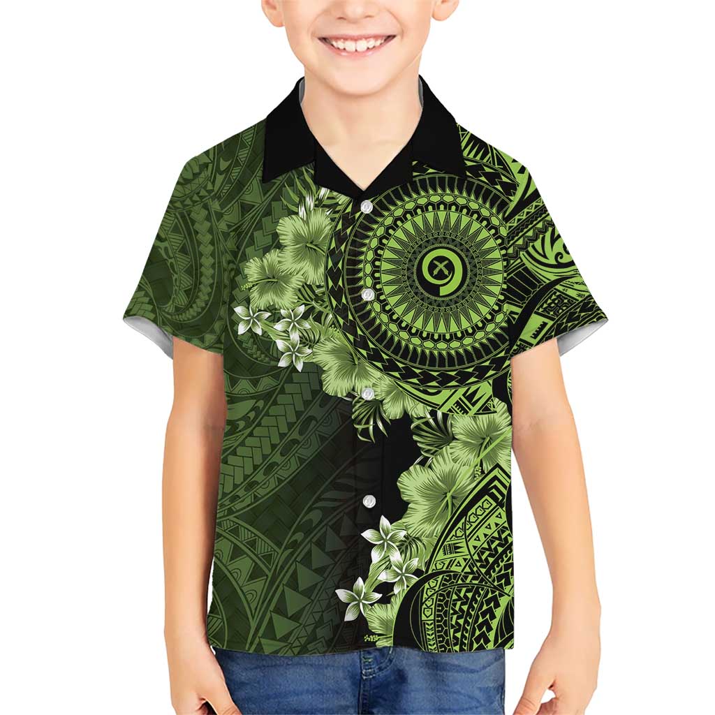 Vanuatu Kid Hawaiian Shirt Hibisus Polynesian Pattern Green - Polynesian Pride