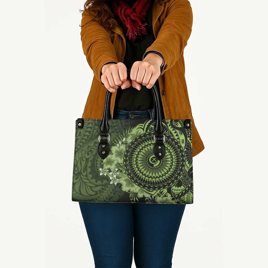 Vanuatu Leather Bag Hibisus Polynesian Pattern Green - Polynesian Pride