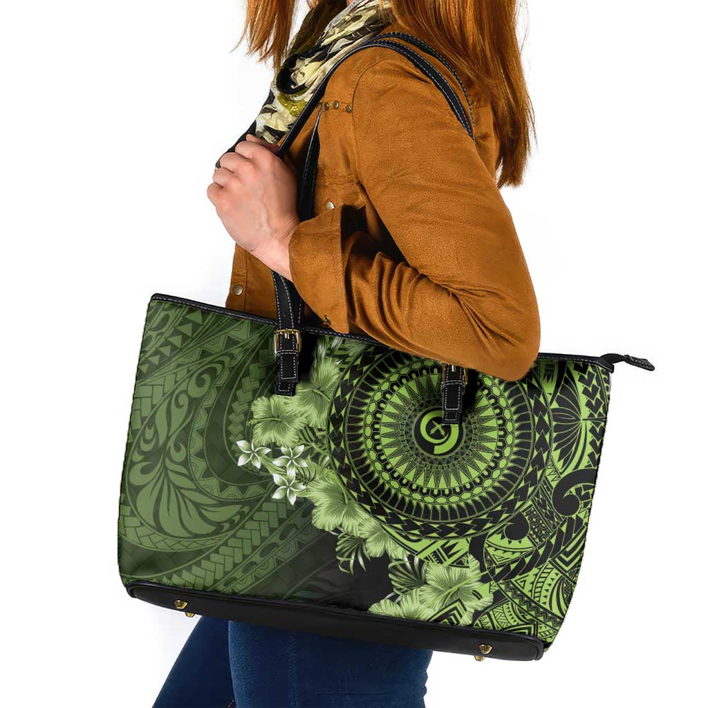 Vanuatu Leather Tote Bag Hibisus Polynesian Pattern Green - Polynesian Pride