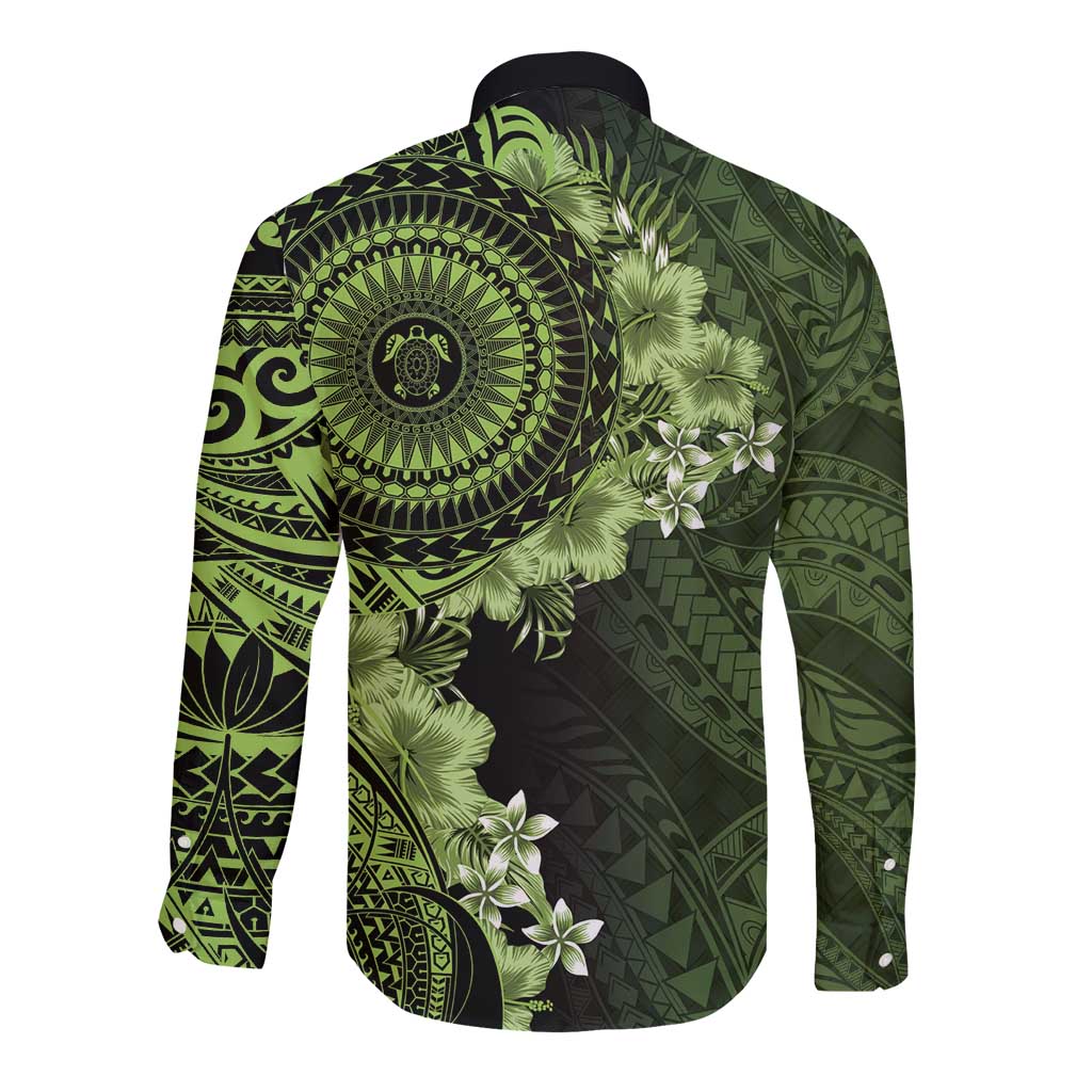 Vanuatu Long Sleeve Button Shirt Hibisus Polynesian Pattern Green - Polynesian Pride