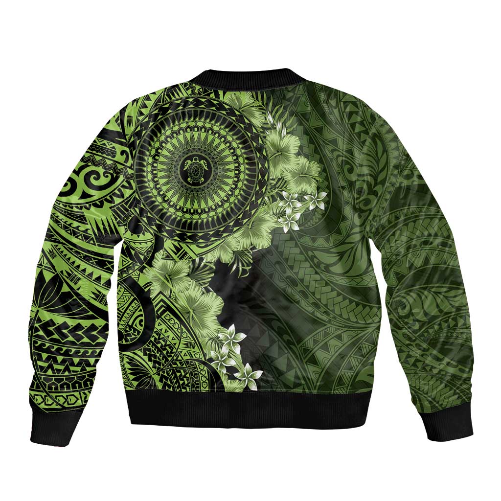 Vanuatu Sleeve Zip Bomber Jacket Hibisus Polynesian Pattern Green - Polynesian Pride