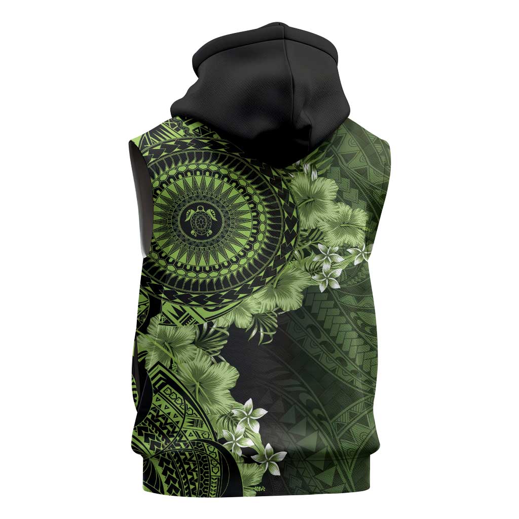 Vanuatu Sleeveless Hoodie Hibisus Polynesian Pattern Green - Polynesian Pride