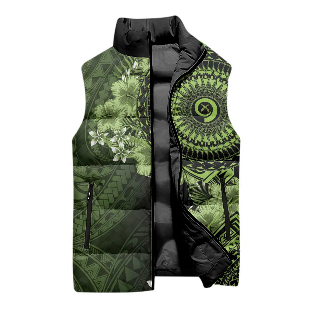 Vanuatu Sleeveless Puffer Jacket Hibisus Polynesian Pattern Green - Polynesian Pride