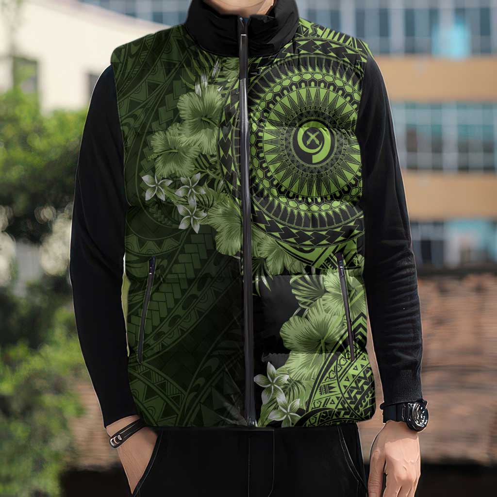 Vanuatu Sleeveless Puffer Jacket Hibisus Polynesian Pattern Green - Polynesian Pride