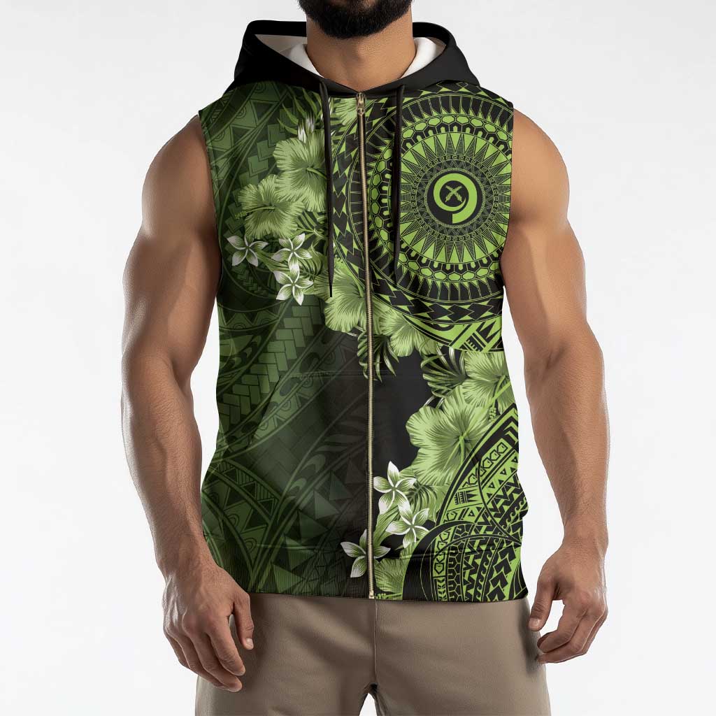 Vanuatu Sleeveless Zip Hoodie Hibisus Polynesian Pattern Green - Polynesian Pride