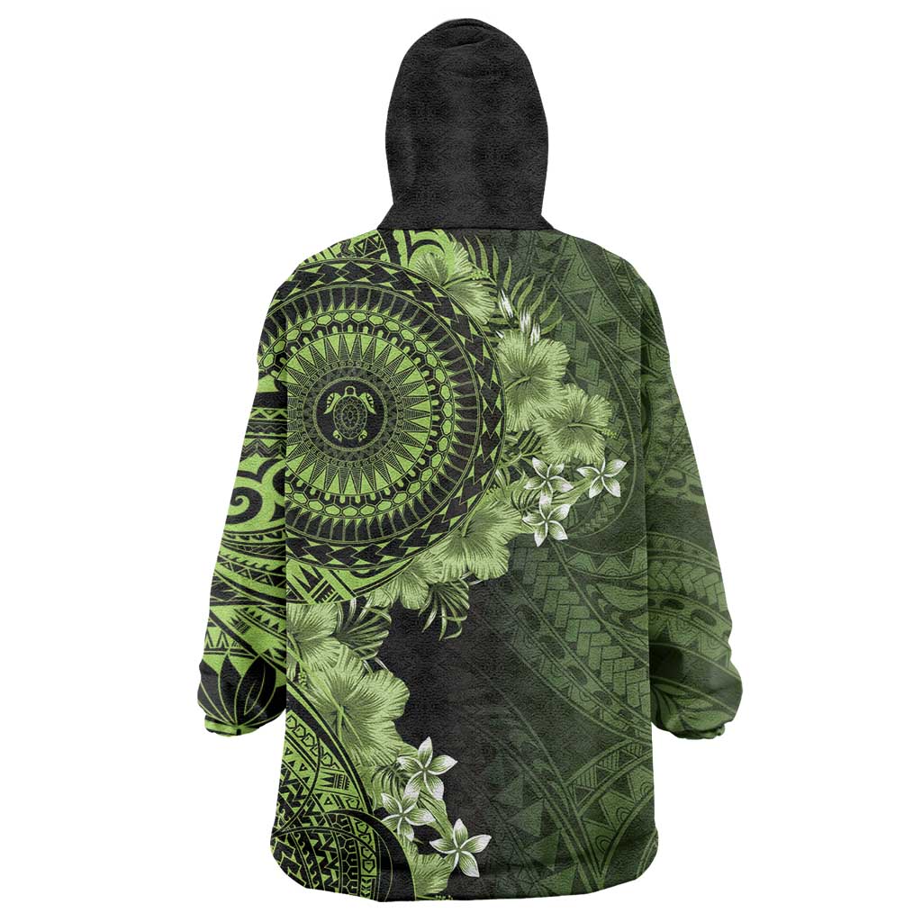 Vanuatu Wearable Blanket Hoodie Hibisus Polynesian Pattern Green - Polynesian Pride