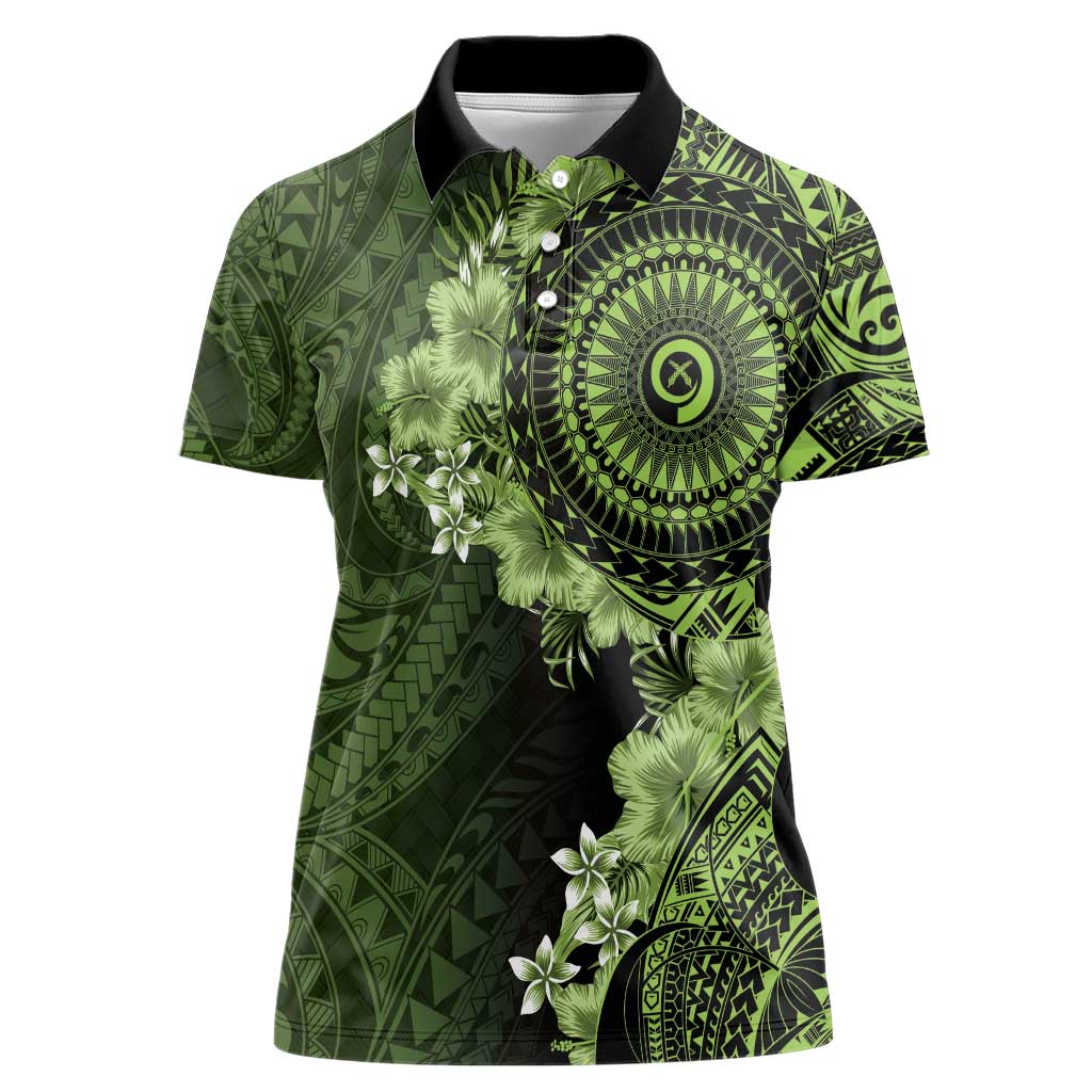 Vanuatu Women Polo Shirt Hibisus Polynesian Pattern Green - Polynesian Pride