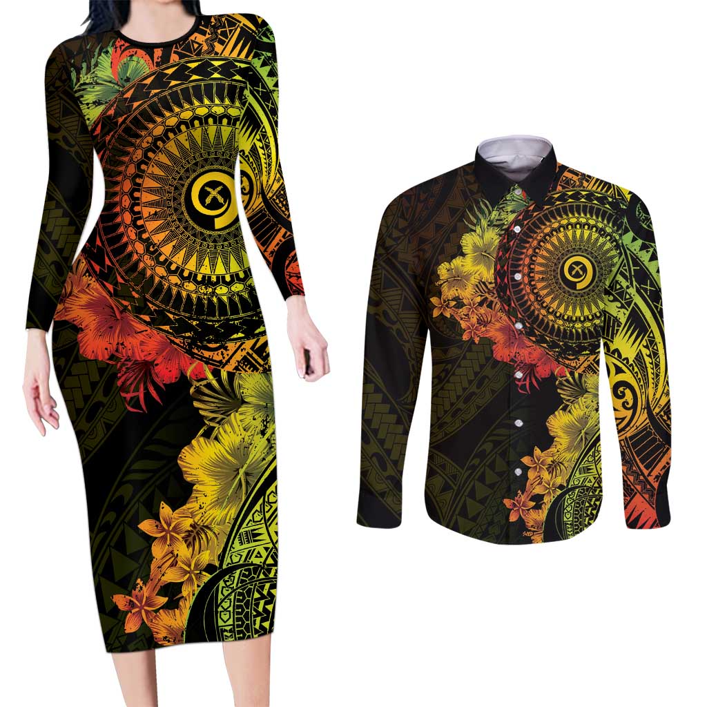 Vanuatu Couples Matching Long Sleeve Bodycon Dress and Long Sleeve Button Shirt Hibisus Polynesian Pattern Reggae - Polynesian Pride