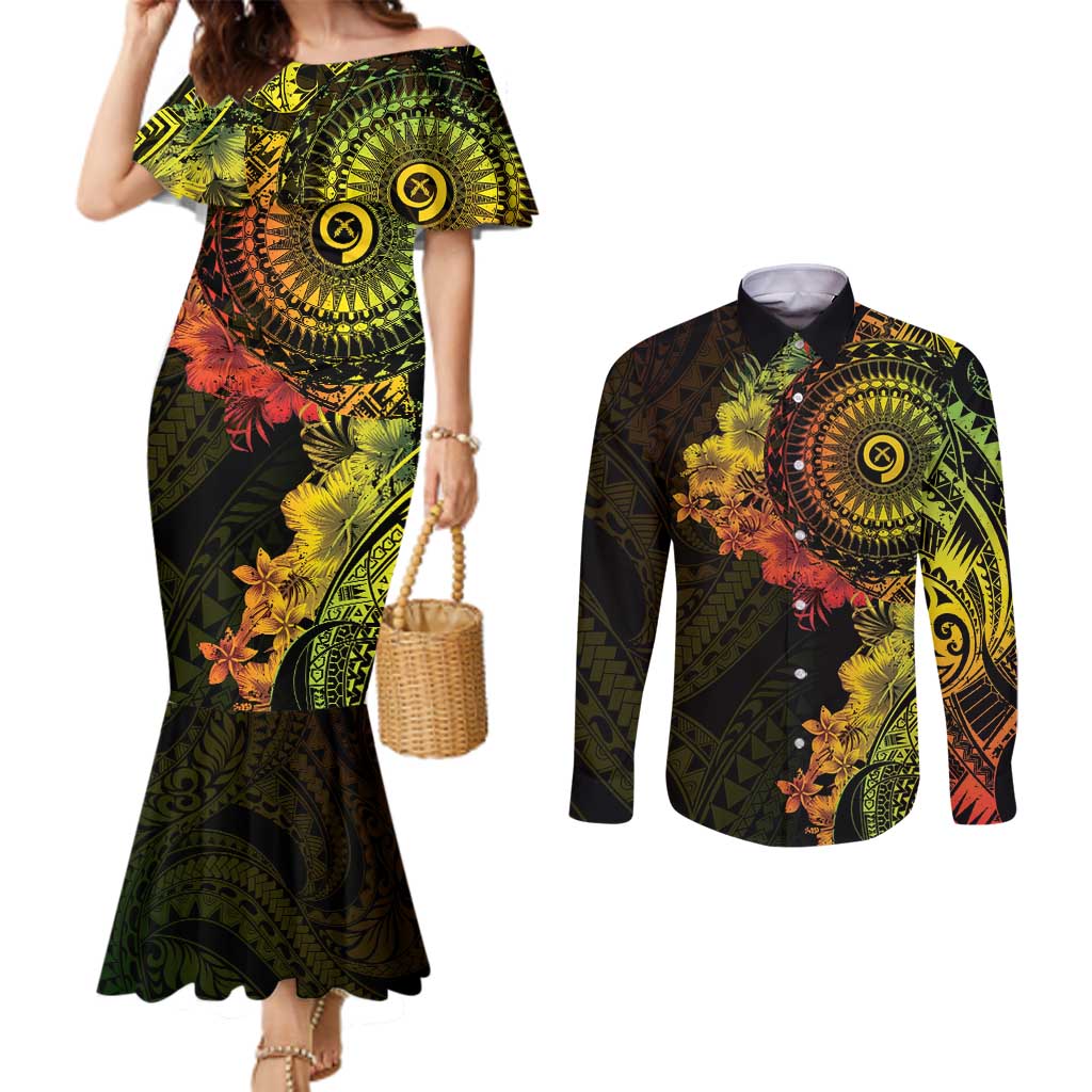 Vanuatu Couples Matching Mermaid Dress and Long Sleeve Button Shirt Hibisus Polynesian Pattern Reggae - Polynesian Pride