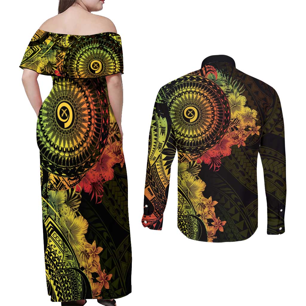 Vanuatu Couples Matching Off Shoulder Maxi Dress and Long Sleeve Button Shirt Hibisus Polynesian Pattern Reggae - Polynesian Pride