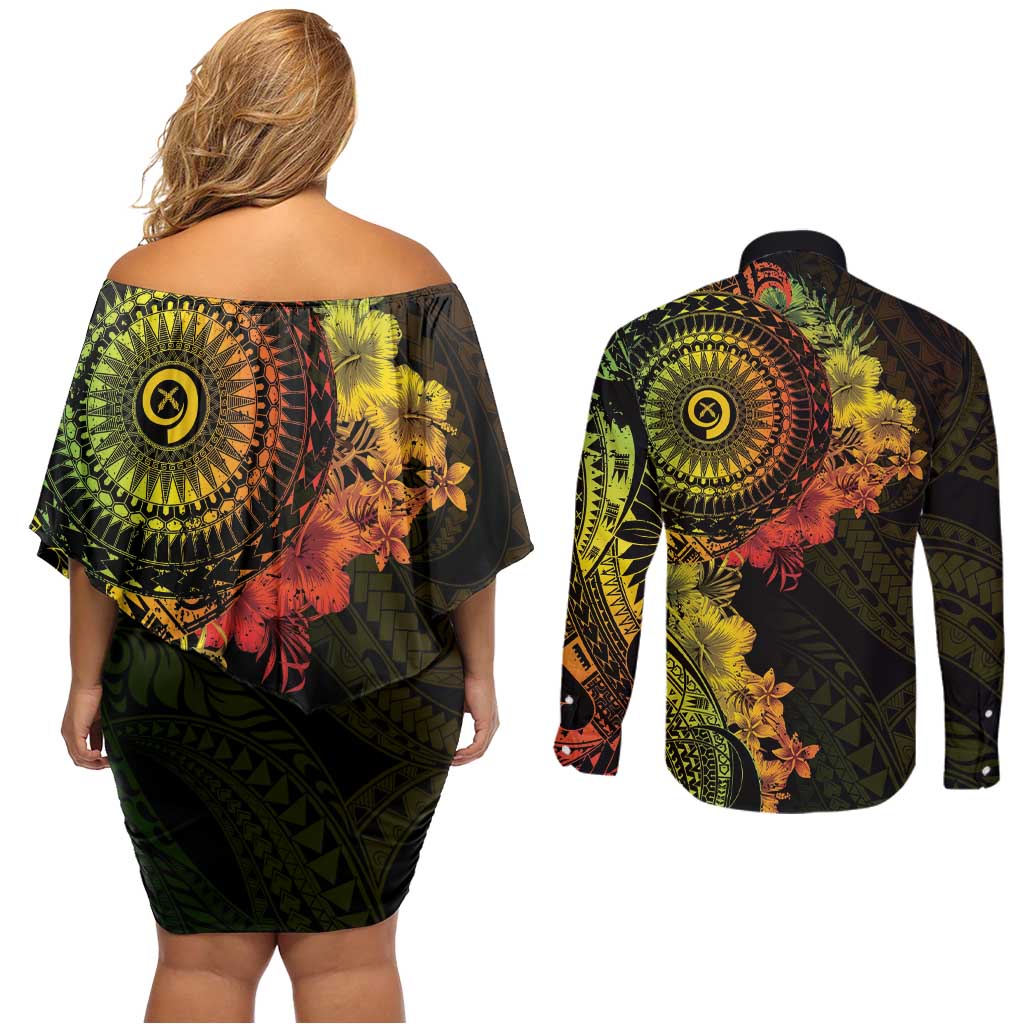 Vanuatu Couples Matching Off Shoulder Short Dress and Long Sleeve Button Shirt Hibisus Polynesian Pattern Reggae - Polynesian Pride