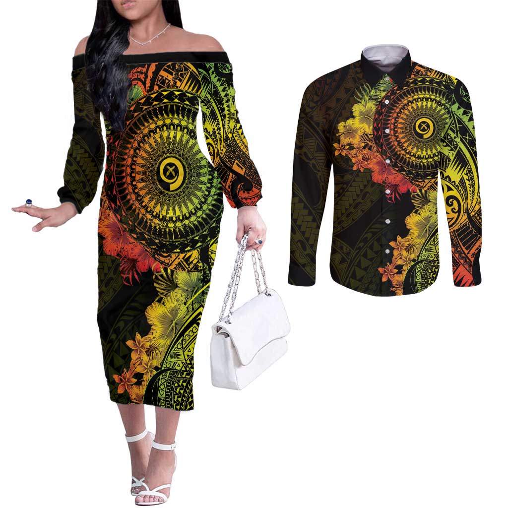 Vanuatu Couples Matching Off The Shoulder Long Sleeve Dress and Long Sleeve Button Shirt Hibisus Polynesian Pattern Reggae - Polynesian Pride