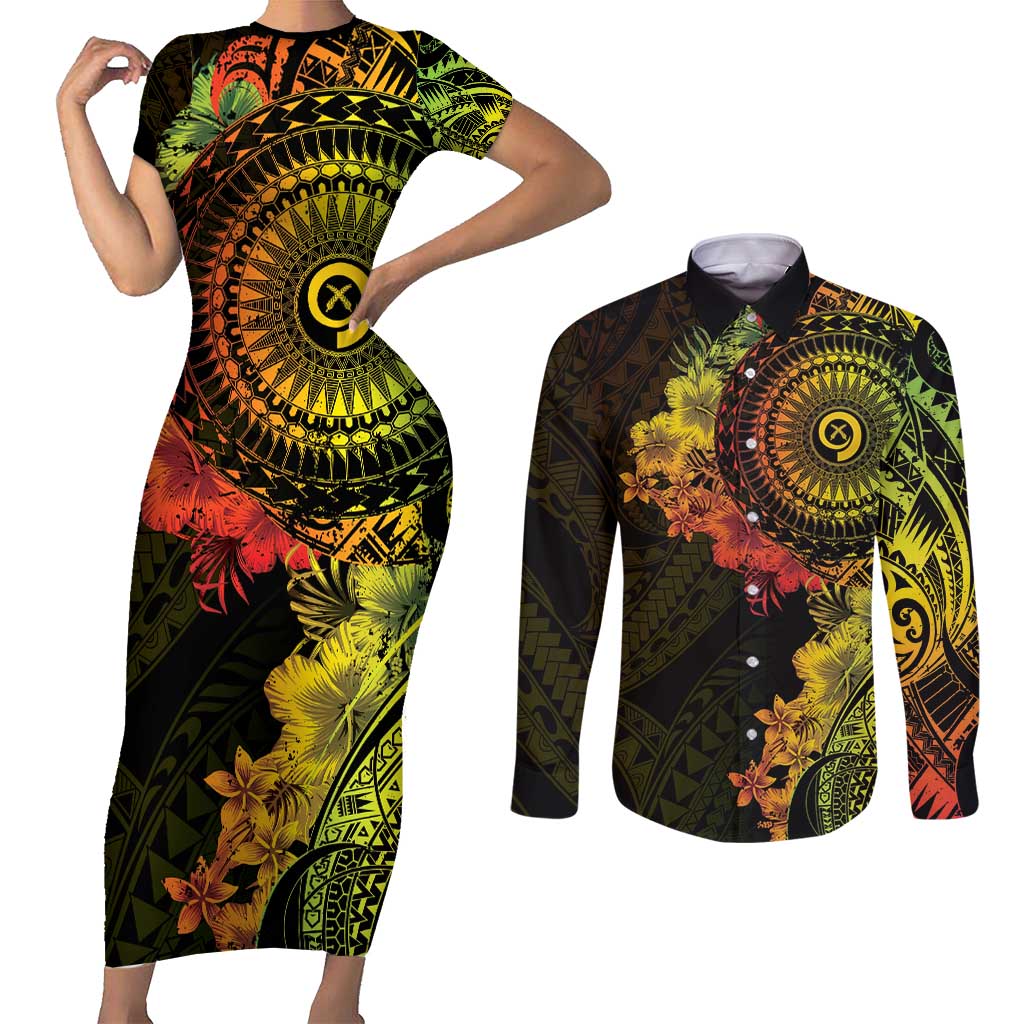 Vanuatu Couples Matching Short Sleeve Bodycon Dress and Long Sleeve Button Shirt Hibisus Polynesian Pattern Reggae - Polynesian Pride