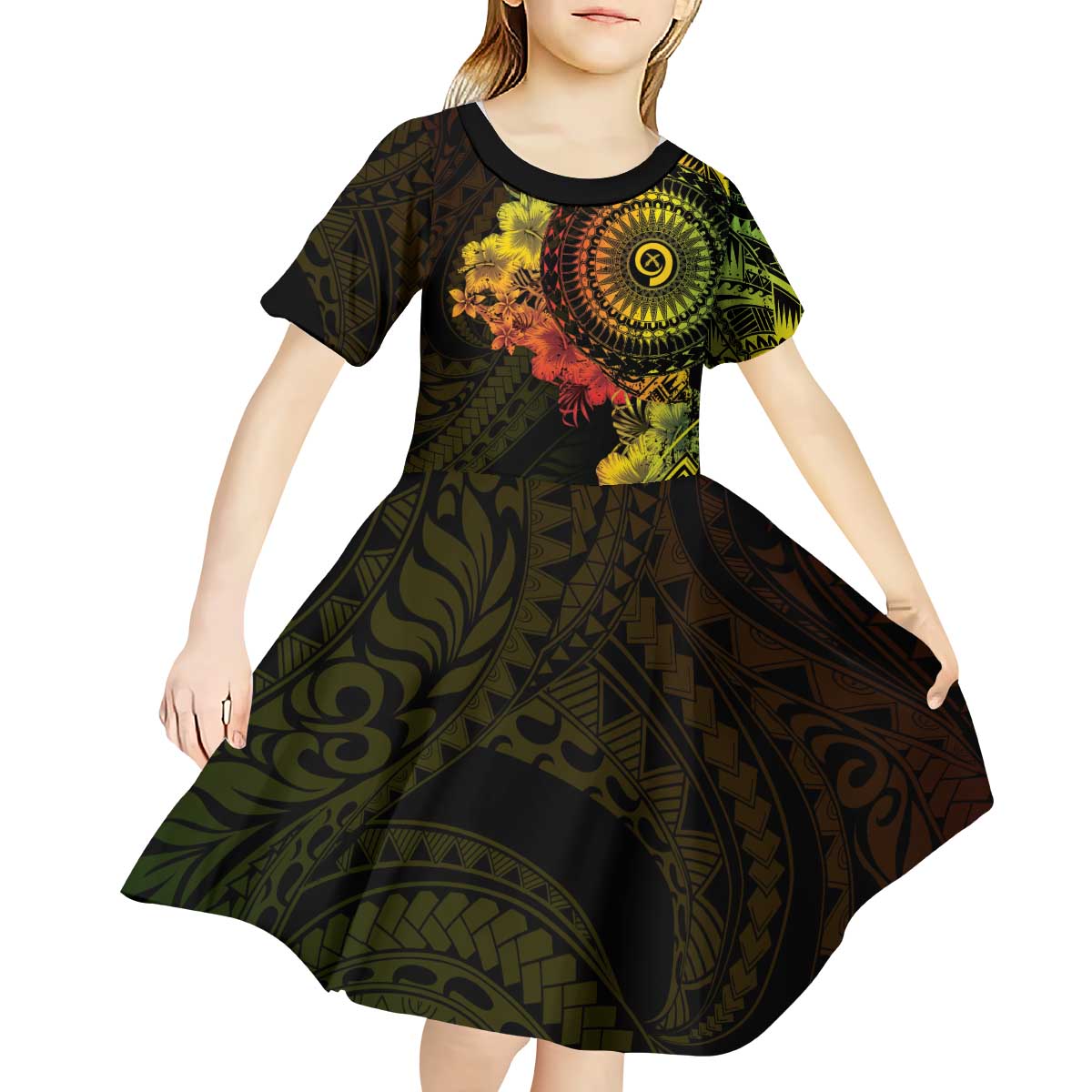 Vanuatu Kid Short Sleeve Dress Hibisus Polynesian Pattern Reggae - Polynesian Pride