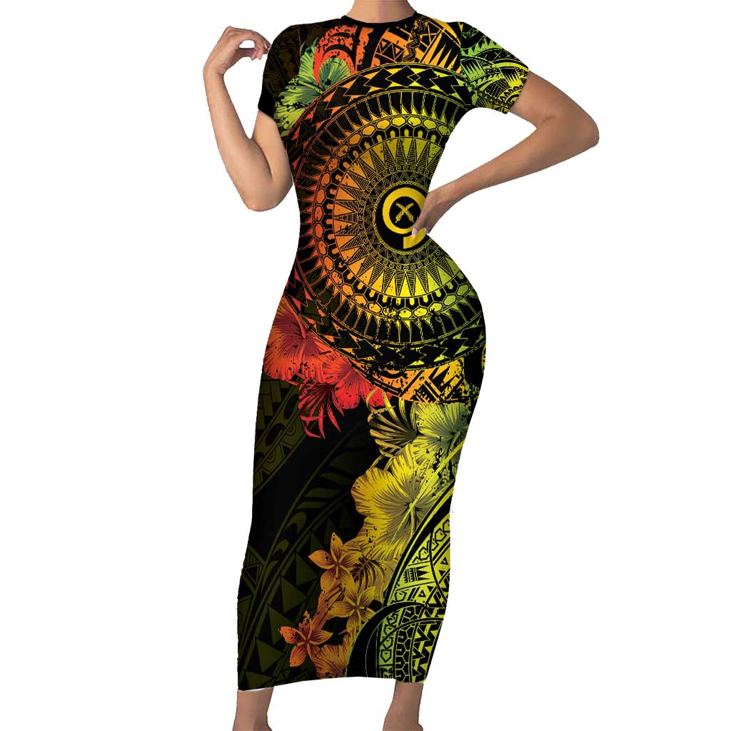 Vanuatu Short Sleeve Bodycon Dress Hibisus Polynesian Pattern Reggae - Polynesian Pride