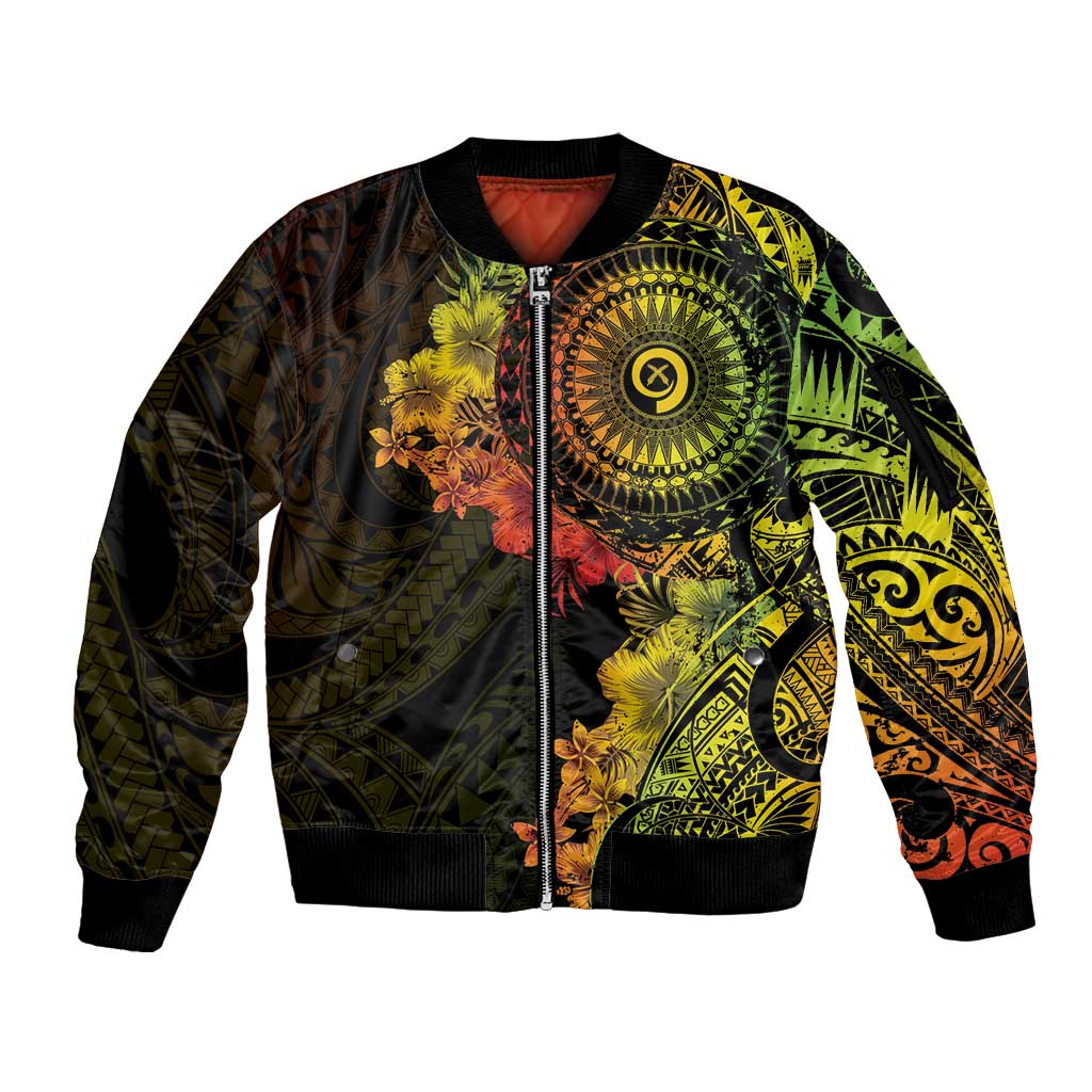 Vanuatu Sleeve Zip Bomber Jacket Hibisus Polynesian Pattern Reggae - Polynesian Pride