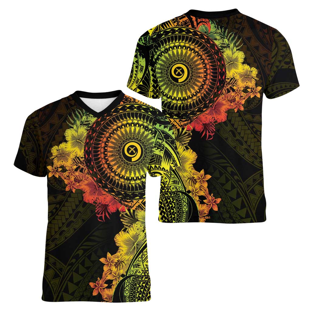 Vanuatu Women V-Neck T-Shirt Hibisus Polynesian Pattern Reggae LT14 - Polynesian Pride