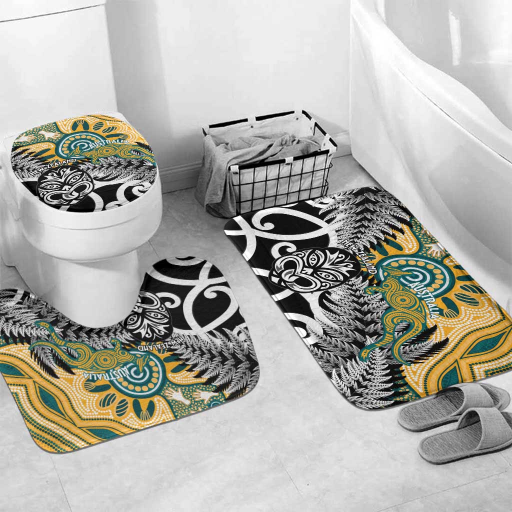 New Zealand Australia Rugby Bathroom Set Wallabies Aboriginal All Black Maori Tiki Together - Polynesian Pride