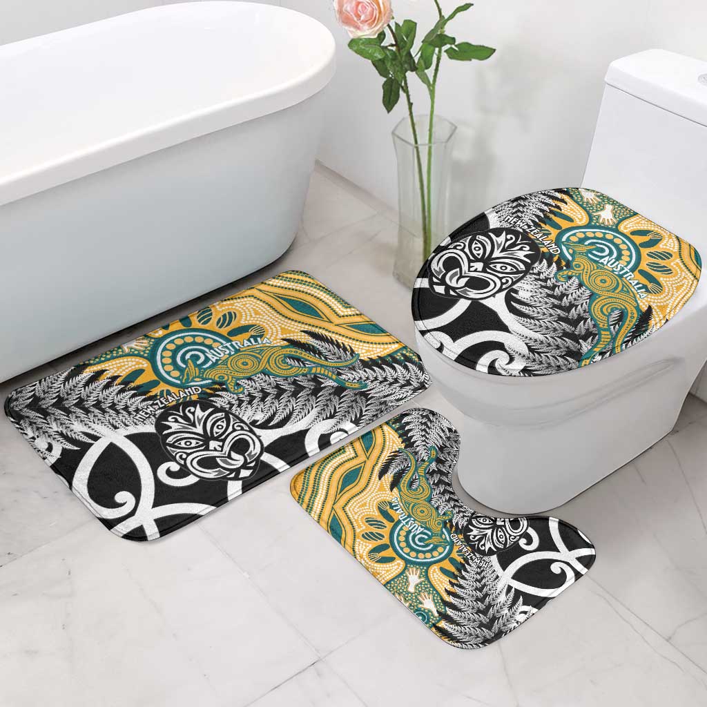New Zealand Australia Rugby Bathroom Set Wallabies Aboriginal All Black Maori Tiki Together - Polynesian Pride
