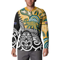 New Zealand Australia Rugby Custom Button Sweatshirt Wallabies Aboriginal All Black Maori Tiki Together - Polynesian Pride