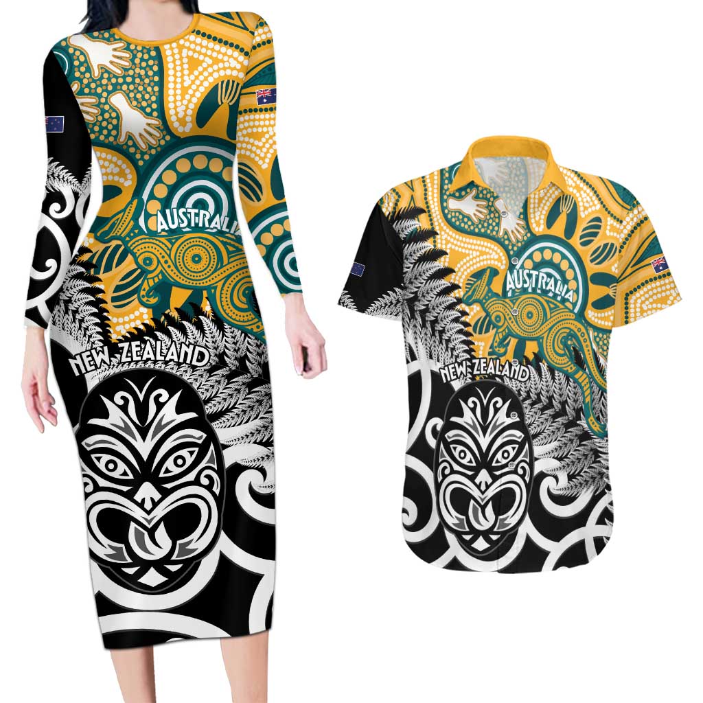 New Zealand Australia Rugby Custom Couples Matching Long Sleeve Bodycon Dress and Hawaiian Shirt Wallabies Aboriginal All Black Maori Tiki Together - Polynesian Pride